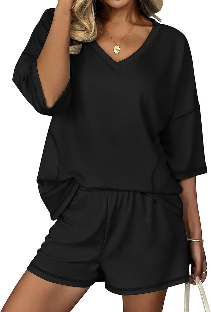 Ekouaer Two Piece Sets for Women Summer Lounge Sets 2026 Striped Shirts and Shorts Set Oversized ... | Amazon (US)