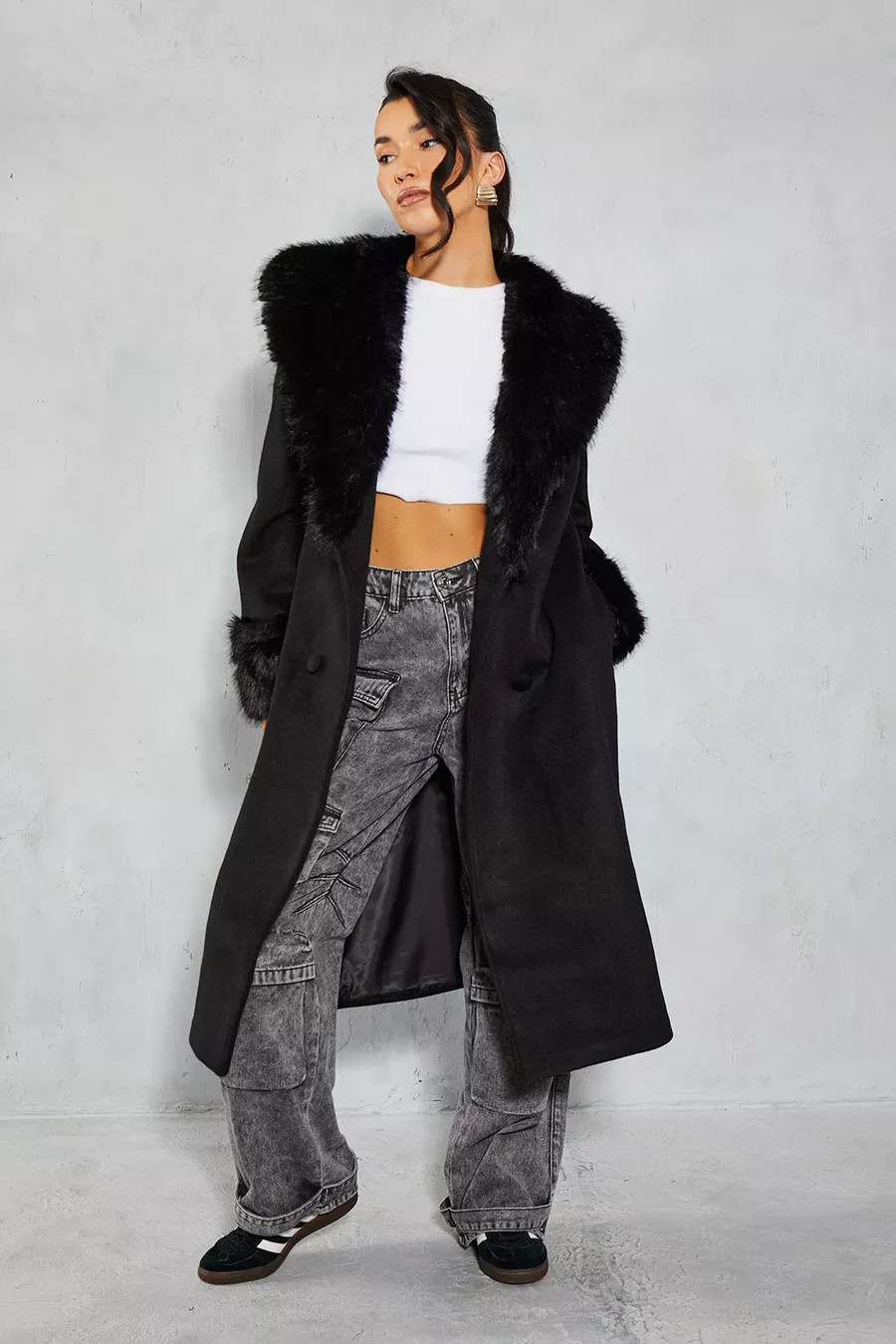 Premium Faux Fur Collar Trim Wool Look Coat | Boohoo.com (UK & IE)