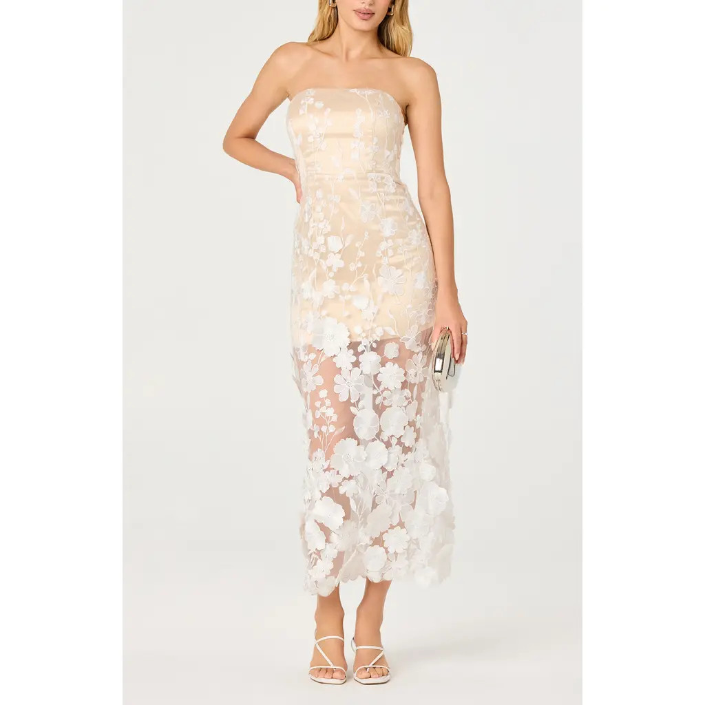 ASTR the Label Tanisha 3D Floral Appliqué Semi Sheer Midi Dress in White at Nordstrom, Size Small | Nordstrom