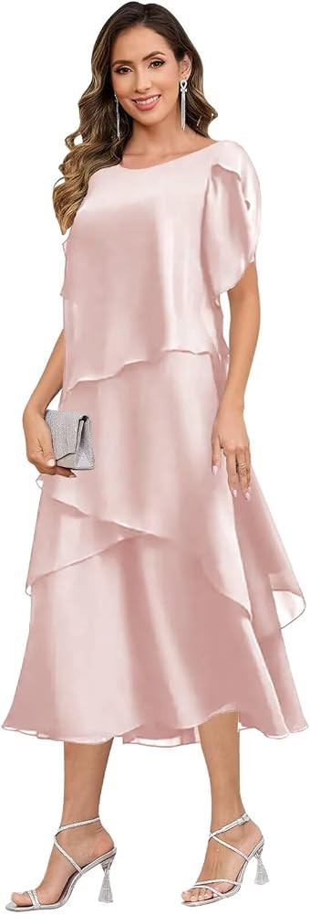 Mother of The Bride Dresses - Tea Length Short Sleeve Chiffon Tiered Formal Dress for Women | Amazon (US)