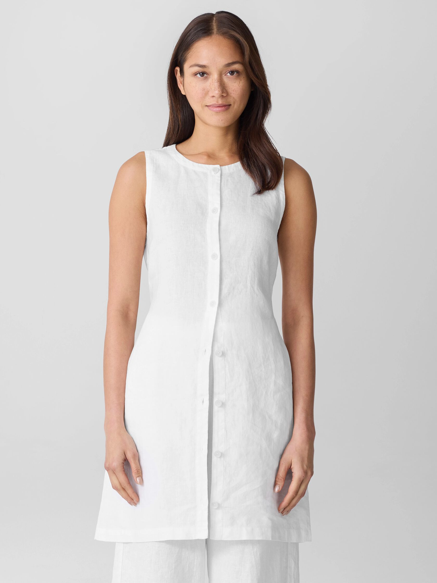 Organic Linen Round Neck Long Vest | Eileen Fisher