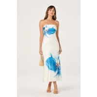 ASTR the Label | Annabeth Floral Satin Strapless Maxi Dress in Blue floral |  Size XS | ASTR The Label (US)