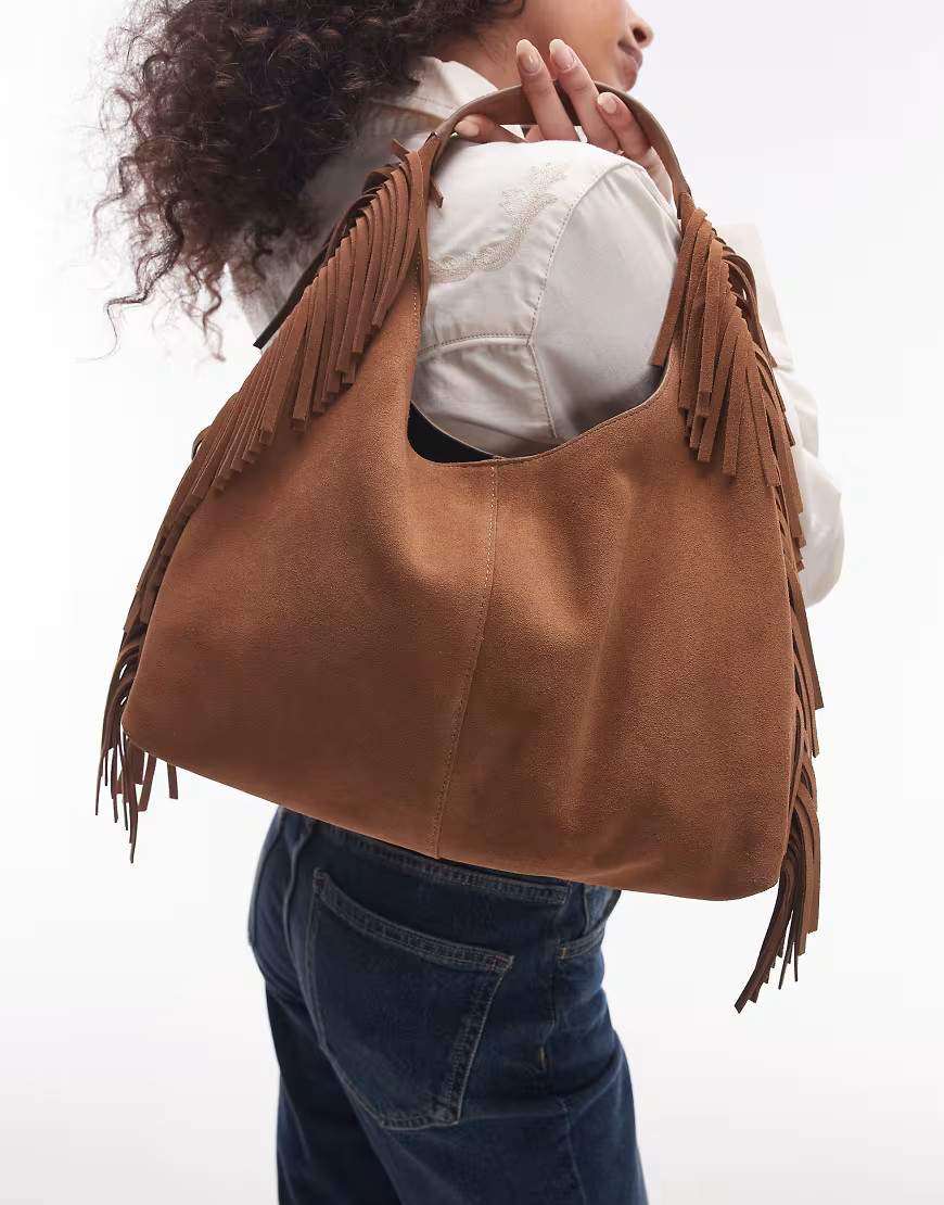 & Other Stories slouchy suede leather fringe shoulder bag in brown | ASOS (Global)