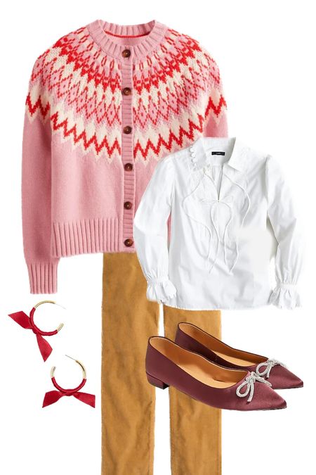 Cozy fair isle cardigan, sparkly shoes and bow earrings with a scalloped white blouse and camel cords | thanksgiving outfit ideas | holiday outfit ideas 

#LTKHoliday #LTKSeasonal