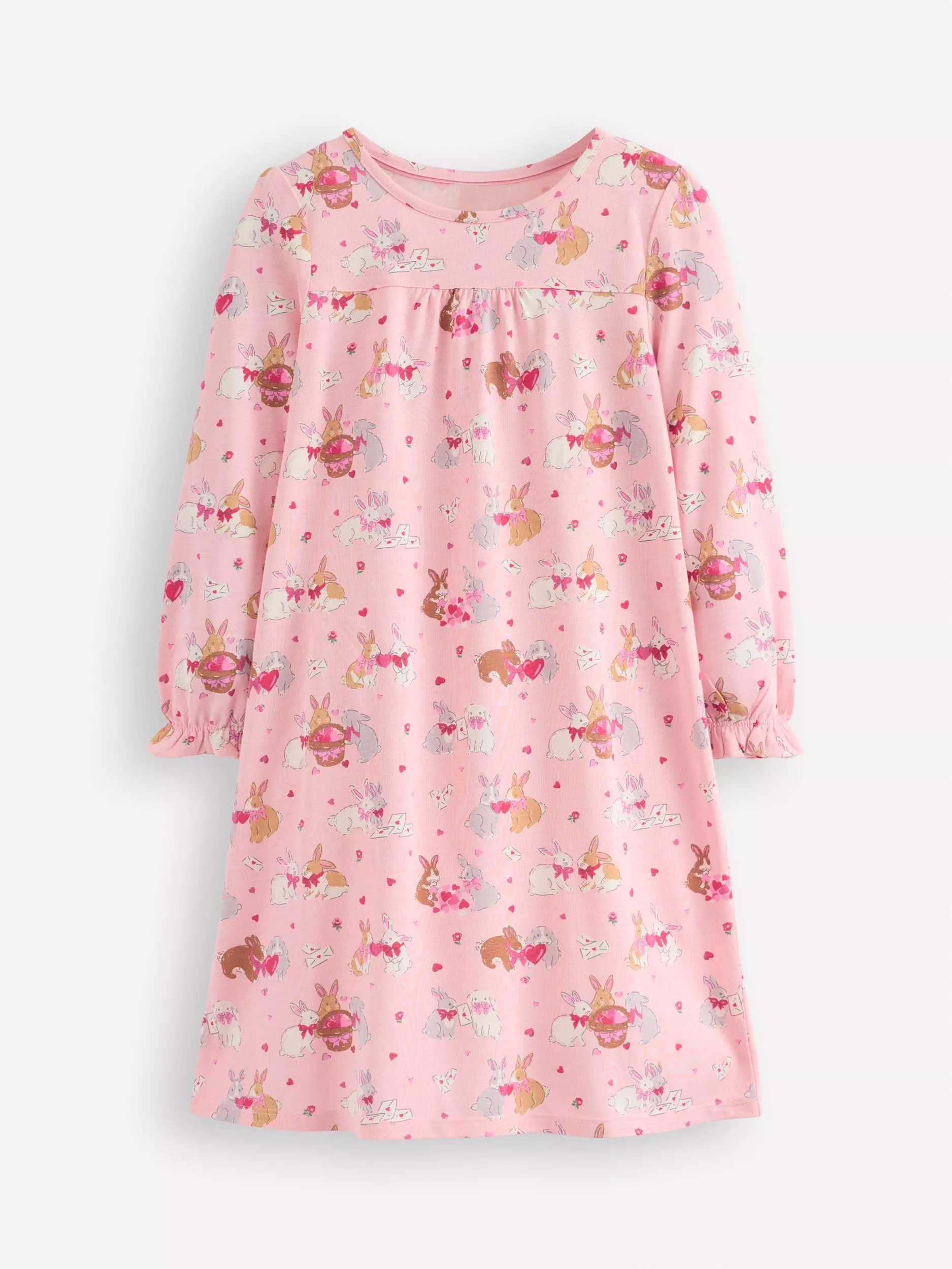 Mini Boden Kids' Bunny Print Long Sleeve Nightdress, Pink | John Lewis (UK)