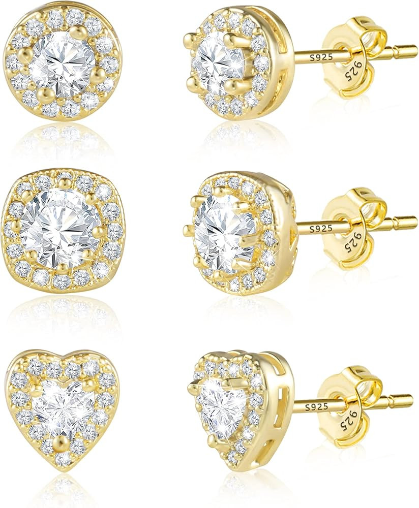 ALEXCRAFT Sterling Silver Stud Earrings for Women Girls Cubic Zirconia Halo Round Heart Square Di... | Amazon (US)