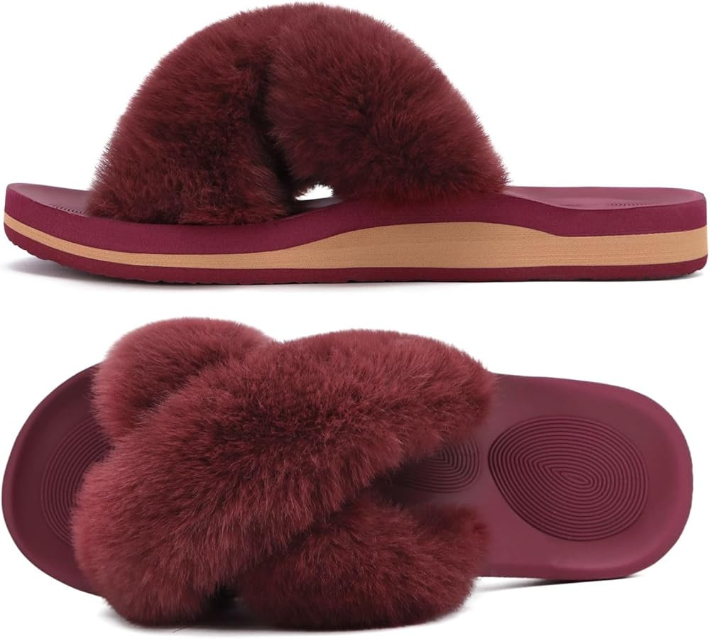 COFACE Womens Fuzzy Slides Fluff Faux Fur Cross Slippers Open Toe Yoga Mat House Slippers Sandals... | Amazon (US)
