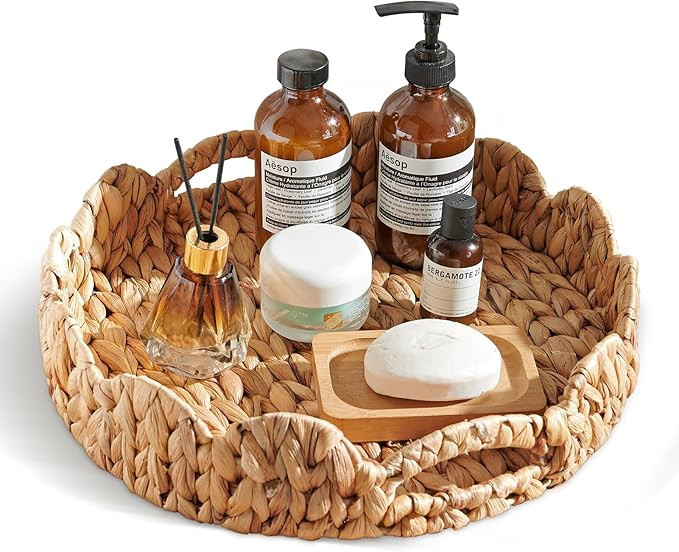 Scalloped Tray, 13.8" Large Round Basket Tray Wicker Rattan Serving Tray2 with Handles, Scallop B... | Amazon (US)