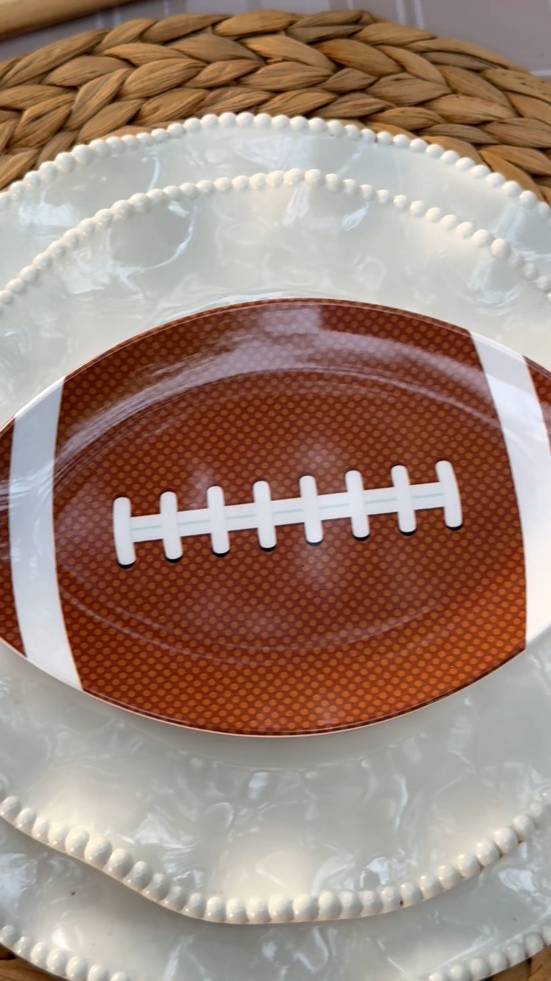 #ad I am obsessed with this football game day place setting! I used my favorite melamine dinner and salad plates and placed my football shaped plates on top! @Wayfair has everything you need to create the perfect tailgate on your patio or indoors! #wayfair #wayfairpartner 🏈❤️

#LTKdayinmylife #LTKHome #LTKSeasonal