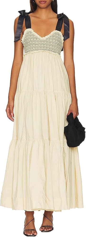 Women Summer Floral Spaghetti Strap Dress Flowy Smocked Tie Up Shoulder Boho Maxi Flowy Swing Dre... | Amazon (US)