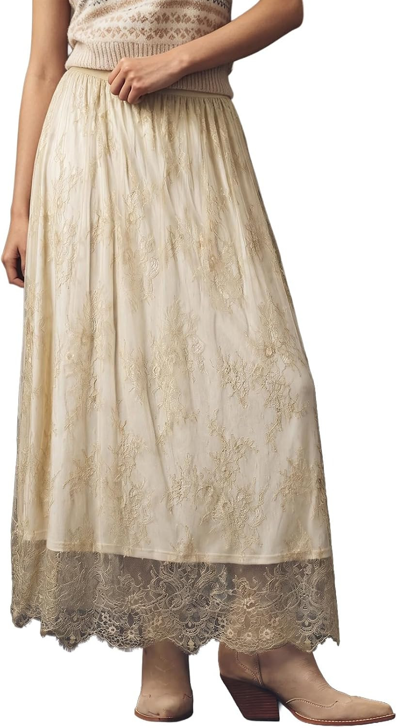 BLENCOT Women's Boho Lace Maxi Skirt A-Line Flowy Long Skirts for Casual | Amazon (US)