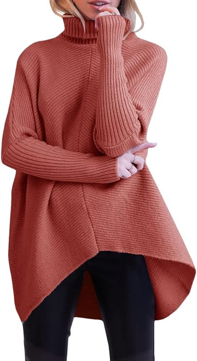 Amazon.com: Nulibenna Womens Turtleneck Long Batwing Sleeve Knit Sweater Asymmetric Hem Chunky Pu... | Amazon (US)