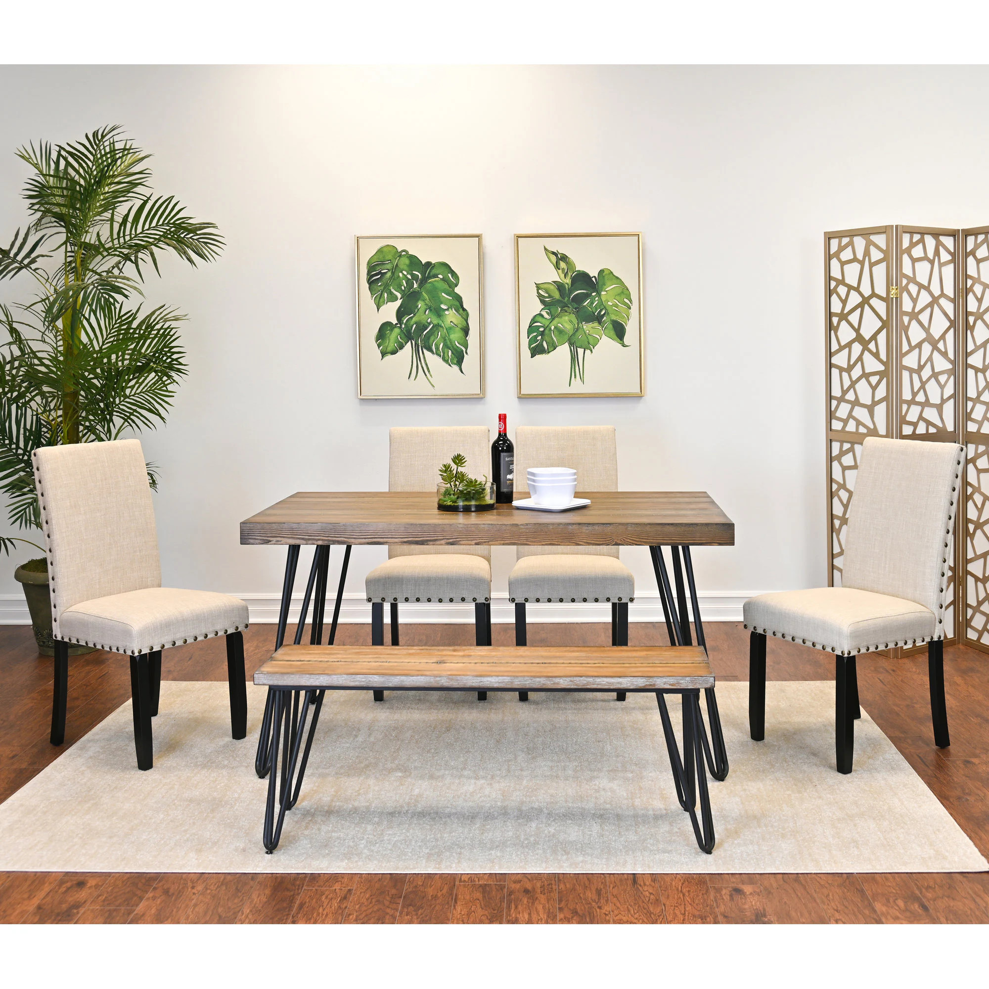 Afoxsos 6 Piece Dining Set with Hairpin Dining Table 60 in L x 33 in W x 30 in H 4 Upholstered Chairs Wood Bench Rustic Pine Finish Cotton Large | Lowe's