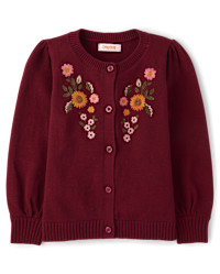 Girls Embroidered Floral Puff Sleeve Cardigan - The Harvest Edit - Burgundy | Gymboree