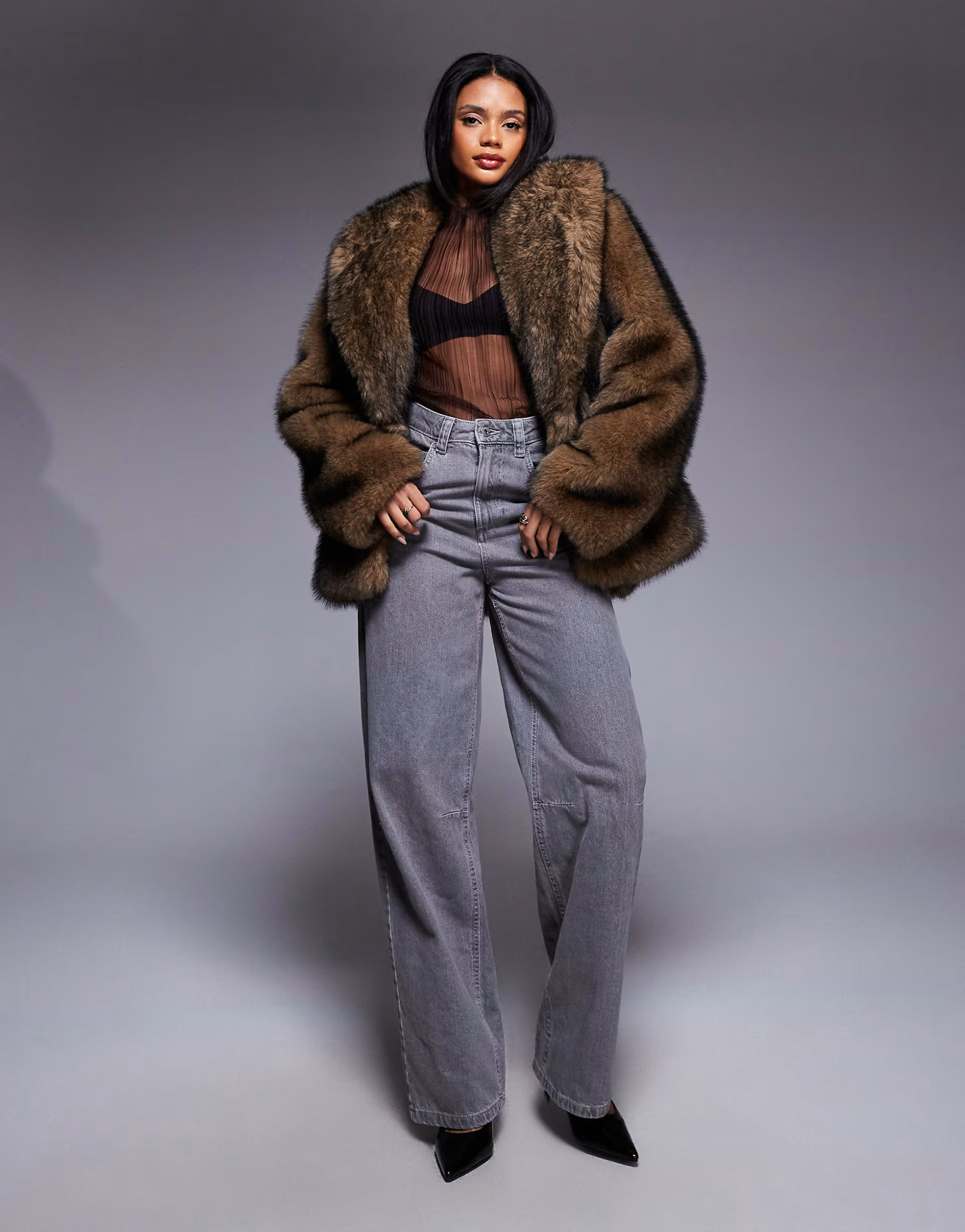 Aria Cove faux fur oversized collar wide sleeve jacket in brown tipped fur | ASOS (Global)