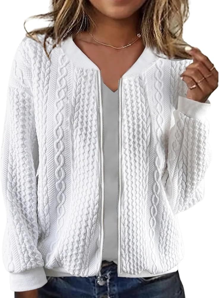 Zip Up Sweater for Women Casual Sweater Cardigan Cable Knit Trendy Winter Jacket Coat | Amazon (US)