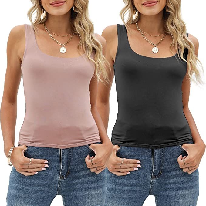 Amilia Women's 2-Pack Basic Solid Square Neck Sleeveless Double Layer Crop Tank Tops Undershirt C... | Amazon (US)