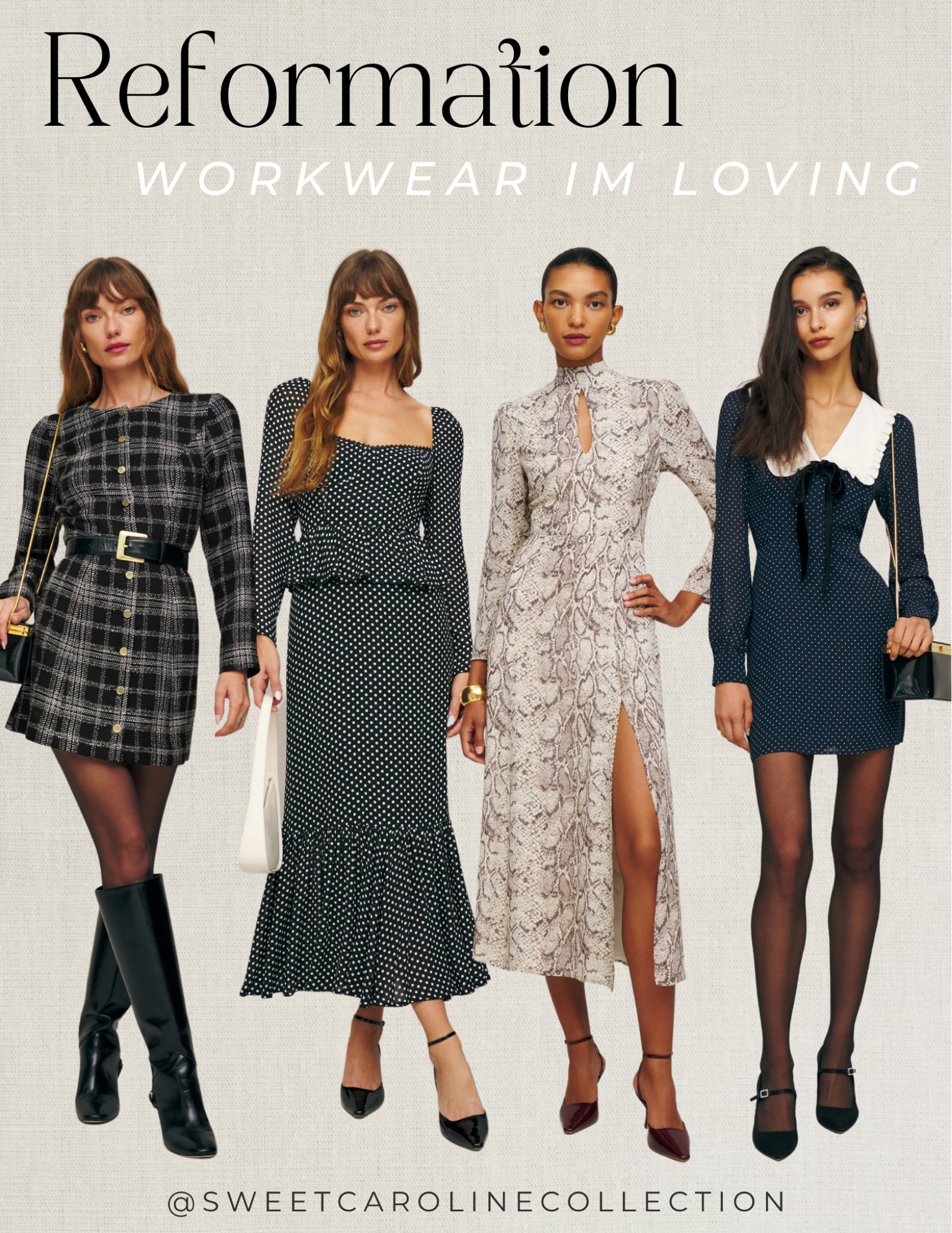 Reformation workwear I’m loving 

Dress, work dress, office look, professional dress, mini dress, midi dress, long sleeve dress, plaid dress, tweed dress, Sweater, cardigan, satin pants, trousers, jeans, turtleneck, midi skirt, mini skirt, stripe sweater, shoes, jeans, dress, bag, purse, jewelry, hat, turtleneck, scarf, skirt, coat, blazer, pants, sweater dress, bodysuit, vest, jacket, top, blouse, blazer, thanksgiving outfit, fall style, fall fashion, mango, aritzia, Zara, H&M, j.crew, workwear, office outfit, style, luxe, high end, classic, chic, winter style, fashion, holiday outfit, sale alert, under 300, under 200, under 100, under 50, new arrivals, best seller, sweet Caroline collection 

#LTKstyletip #LTKSeasonal #LTKworkwear