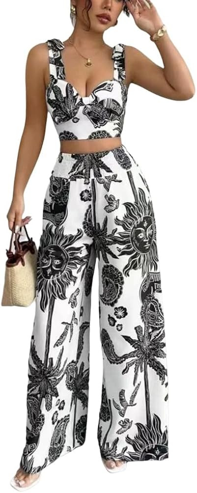 THLAI Summer Women 2 Piece Outfits Print V-Neck Cami Crop Top and Smocked Wide Leg Pants Set Vaca... | Amazon (US)