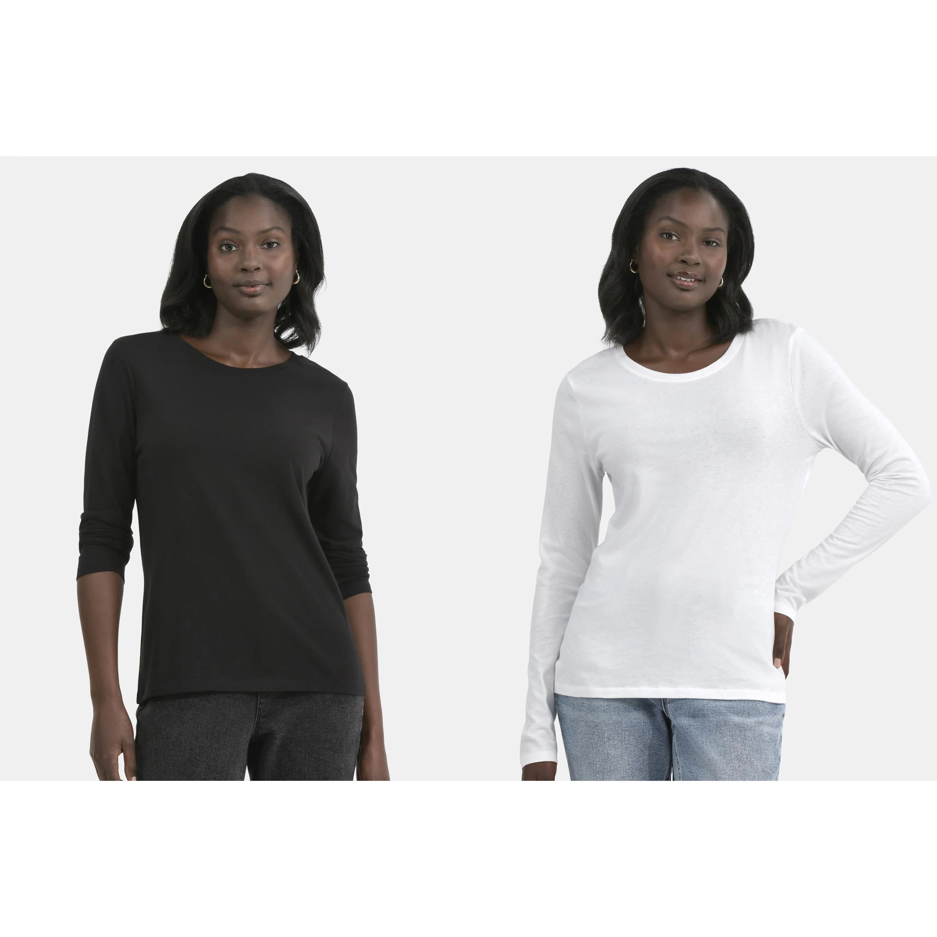 Time and Tru Women's Cotton Crewneck Tee with Long Sleeves, 2-Pack, Sizes XS-XXXL | Walmart (US)