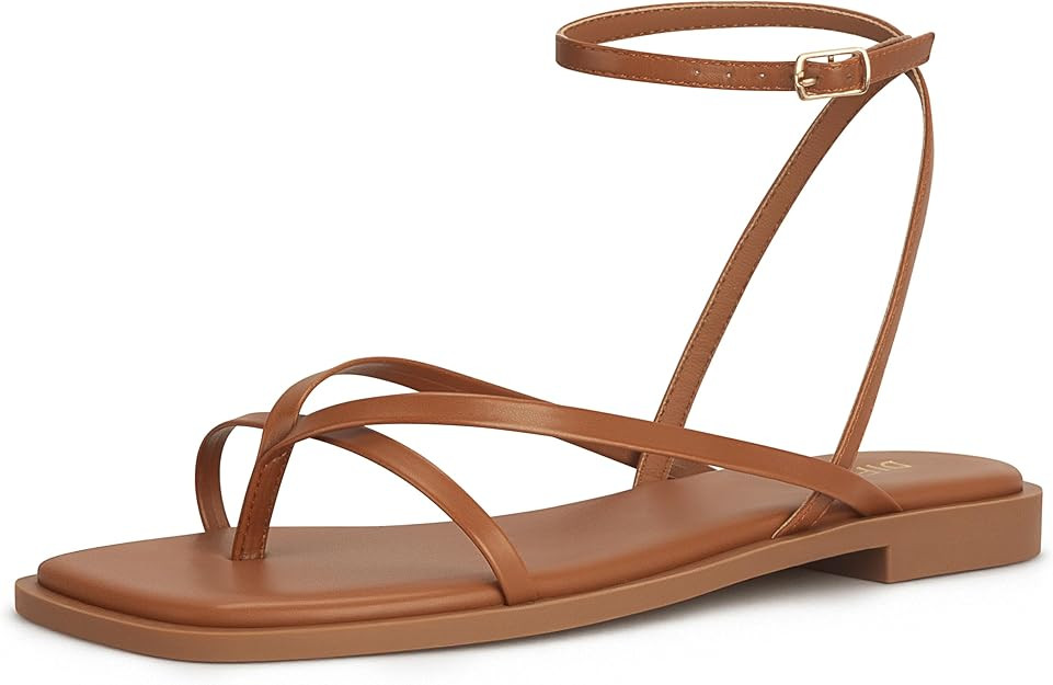 Womens Flats Sandals Square Toe Strappy Ankle Strap Flats | Amazon (US)