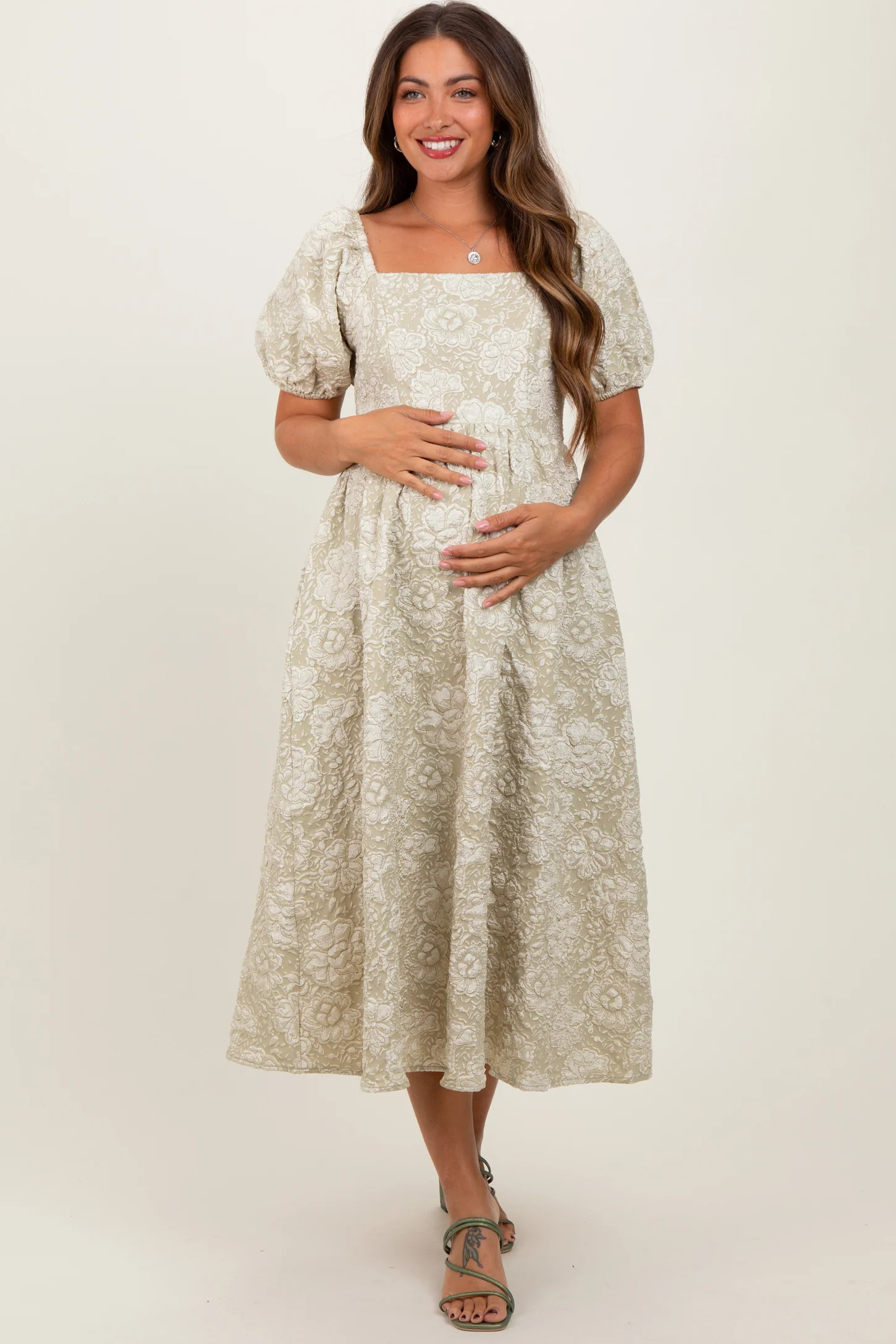 Light Olive Floral Jacquard Knit Puff Sleeves Maternity Midi Dress | PinkBlush Maternity