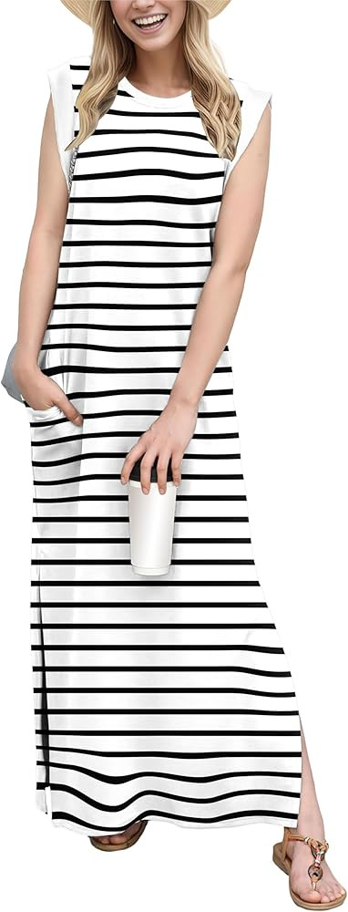 GRECERELLE 2026 Women Year-Round Casual Round Neck Loose Split Wrinkle-Free Long Maxi Vacation Dr... | Amazon (US)