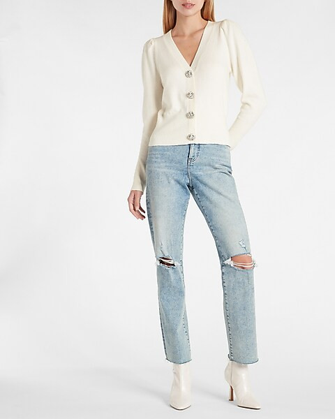 Jewel Embellished Faux Button Puff Sleeve Sweater | Express