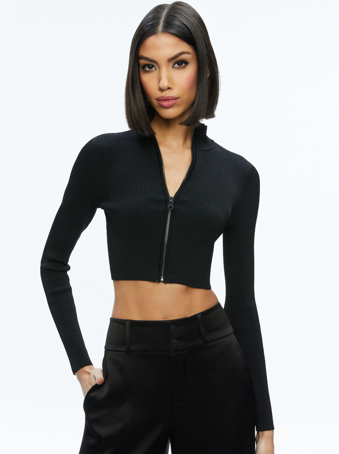 DORRIS RIBBED ZIP UP CARDIGAN | Alice + Olivia