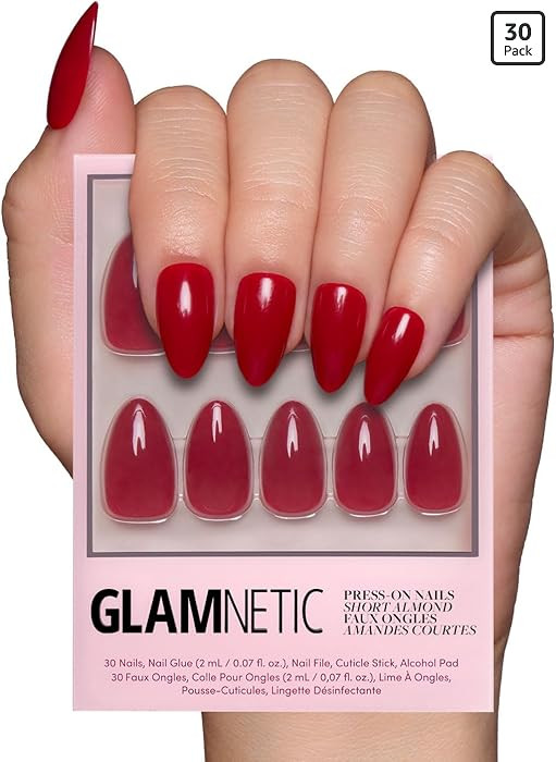 Glamnetic Press On Nails - Classic Red | Opaque Cool Tone, Timeless Red Short Almond Fake Nails, ... | Amazon (US)