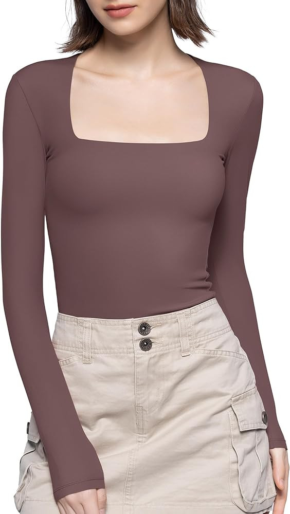 PUMIEY Women's Square Neck Long Sleeve T Shirts Slim Fit Tops Basic Tee Smoke Cloud Pro Collectio... | Amazon (US)