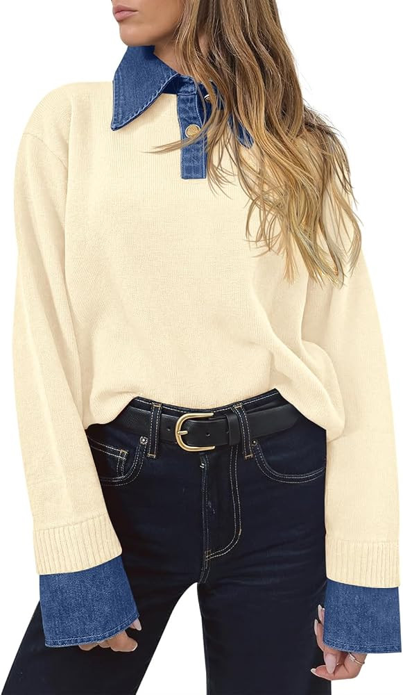 Saodimallsu Womens Denim Patchwork Sweaters V Neck Polo Pullover Tops | Amazon (US)