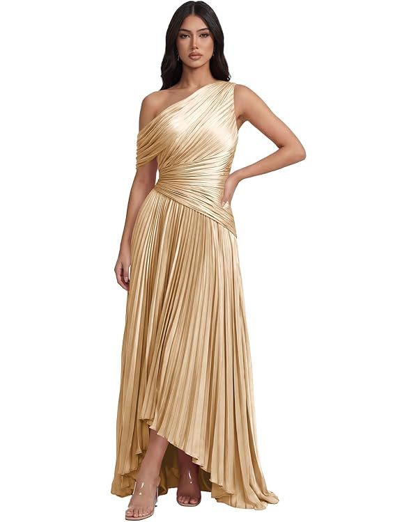 One Shoulder Wedding Guest Dress for Women Off Shoulder Pleated Satin Formal Bridesmaid Dresses L... | Amazon (US)