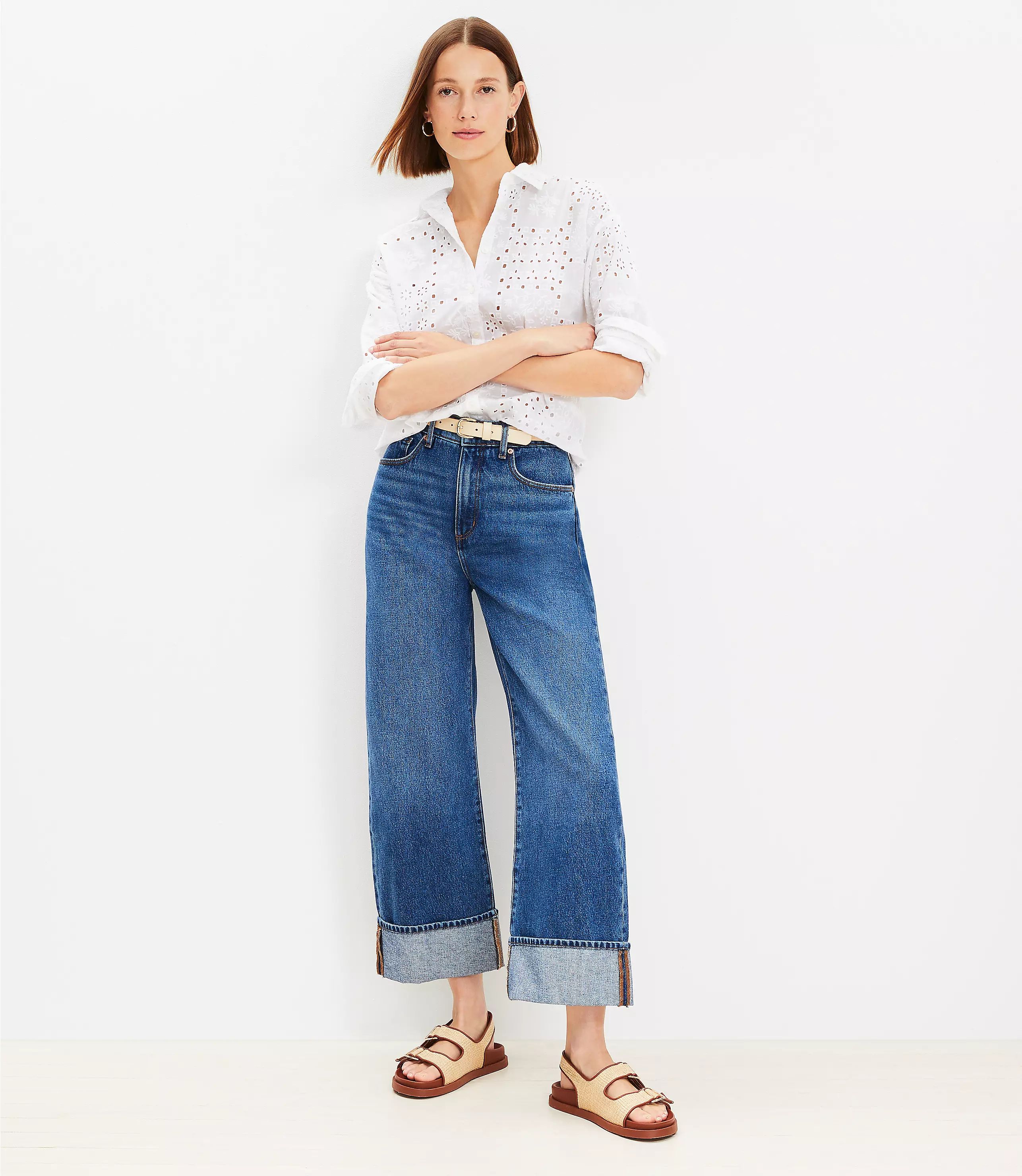 Flip Cuff High Rise Wide Leg Crop Jeans in Medium Faded Wash | LOFT