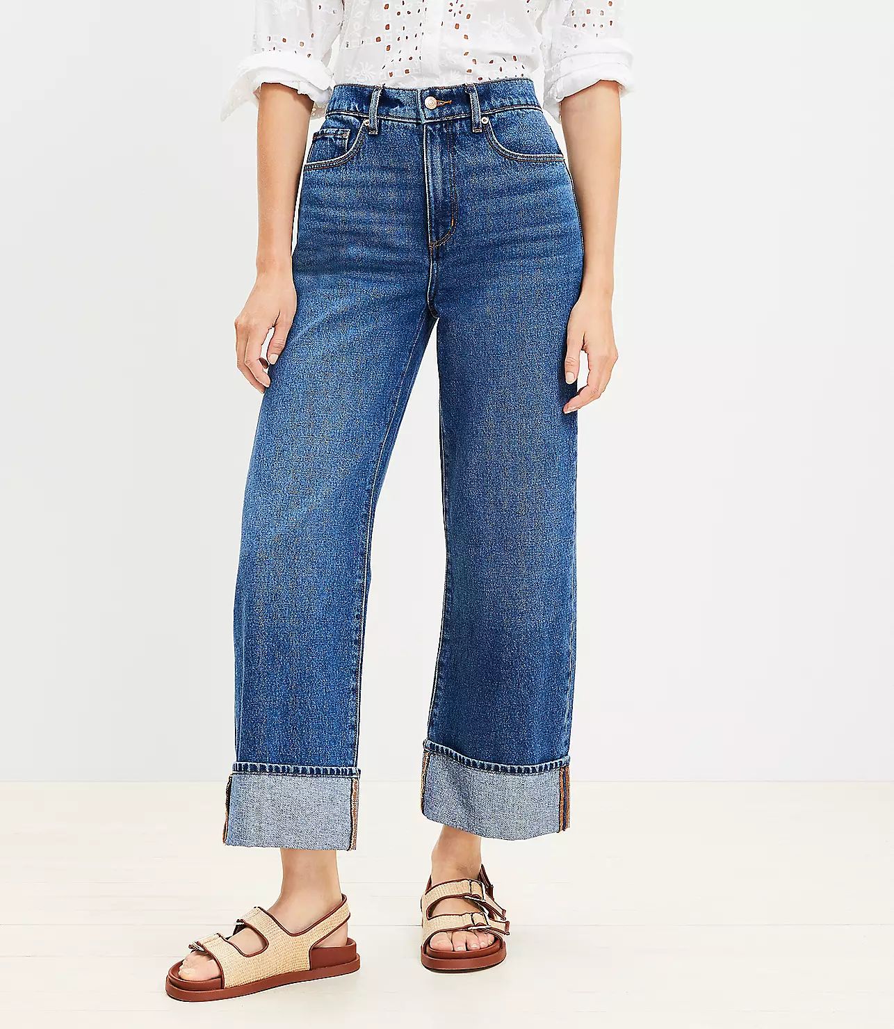 Flip Cuff High Rise Wide Leg Crop Jeans in Medium Faded Wash | LOFT