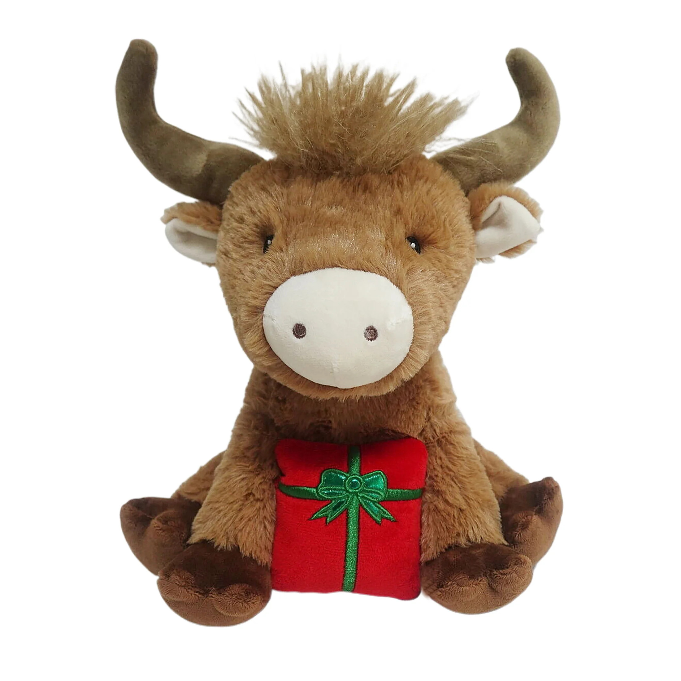 Vibrant Life Holiday Plush Dog Toy, Highland Cow with Present, Brown and Red, 11" | Walmart (US)