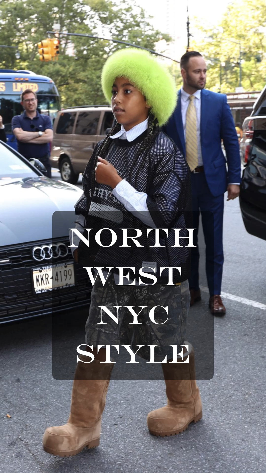 North West & Kim Kardashian New York Streetwear Style. Spotted Kim & North in NYC for The Jimmy Fallon Show. North is wearing a Gallery Department Black Practice Jersey. Prada White & Blue Pinstriped Shirt 👔 Jaded London Forest Camouflage Colossus Jorts 🩳 Lime green faux fur cap. Balenciaga Brown Alaska Suede Fur High Boots 👢 #celebritystyle #celebstyle #NorthWest #KimKardashian #prada #balenciaga 

#LTKKids #LTKNYFW #LTKStyleTip
