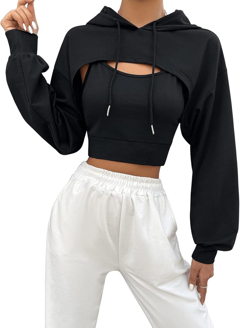 SweatyRocks Women's 2 Piece Outfits Long Sleeve Pullover Crop Top Sweatshirts Hoodie And Cami Tan... | Amazon (US)
