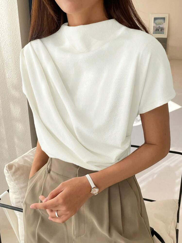 DAZY Solid Color Small Stand Collar Pleated Simple Summer Casual Short Sleeve T-Shirt | SHEIN