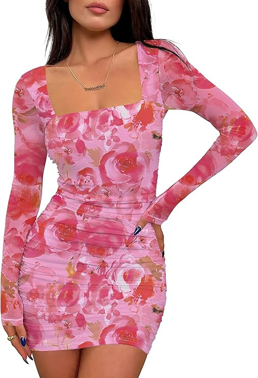 Prinbara Womens Mesh Long Sleeve Square Neck Ruched Mini Dress Sexy Bodycon Elegant Cocktail Even... | Amazon (US)
