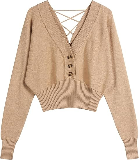 ZAFUL Women V Neck Button Knit Crop Sweaters Batwing Sleeve V Back Ribbed Hem Pullover Sweater | Amazon (US)