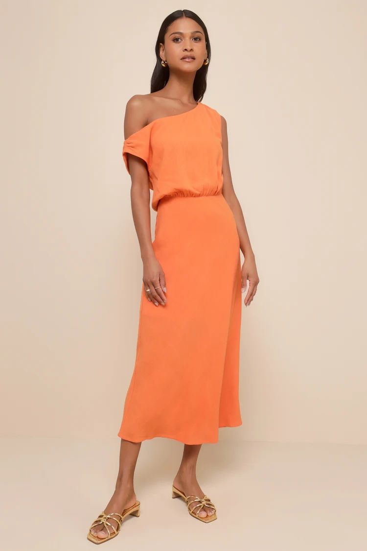 Casual Enchantment Orange Linen Off-the-Shoulder Midi Dress | Lulus