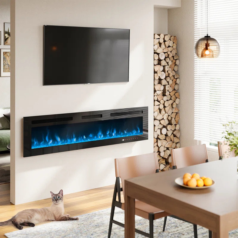 Symple Stuff Ultra-thin Electric Fireplace, Recessed & Wall Mounted Heater, Crystal Stone & Log, ... | Wayfair North America