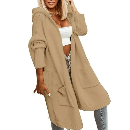CILENON Long Cardigans for Women Trendy Womens Long Cardigans Cable Knitted Open Front Oversized Hooded Outerwear Sweater Coat (Brown M) | Walmart (US)