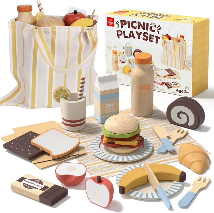 Lehoo Castle Wooden Picnic Toy, Play Food Toys with Cutting Fruit Dessert, Picnic Playset with St... | Amazon (UK)