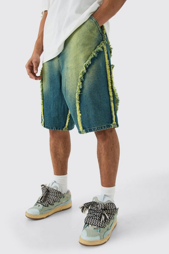 Frayed Edge Denim Jorts In Tinted Green | boohooMAN (US & Canada)
