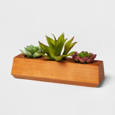 10" x 5" Artificial Succulents In Wood Pot Green/Brown - Project 62™ | Target