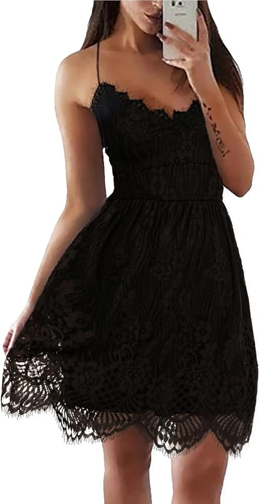 AOOKSMERY Women Summer V-neck Spaghetti Straps Lace Backless Party Club Beach Mini Midi Dresses | Amazon (US)