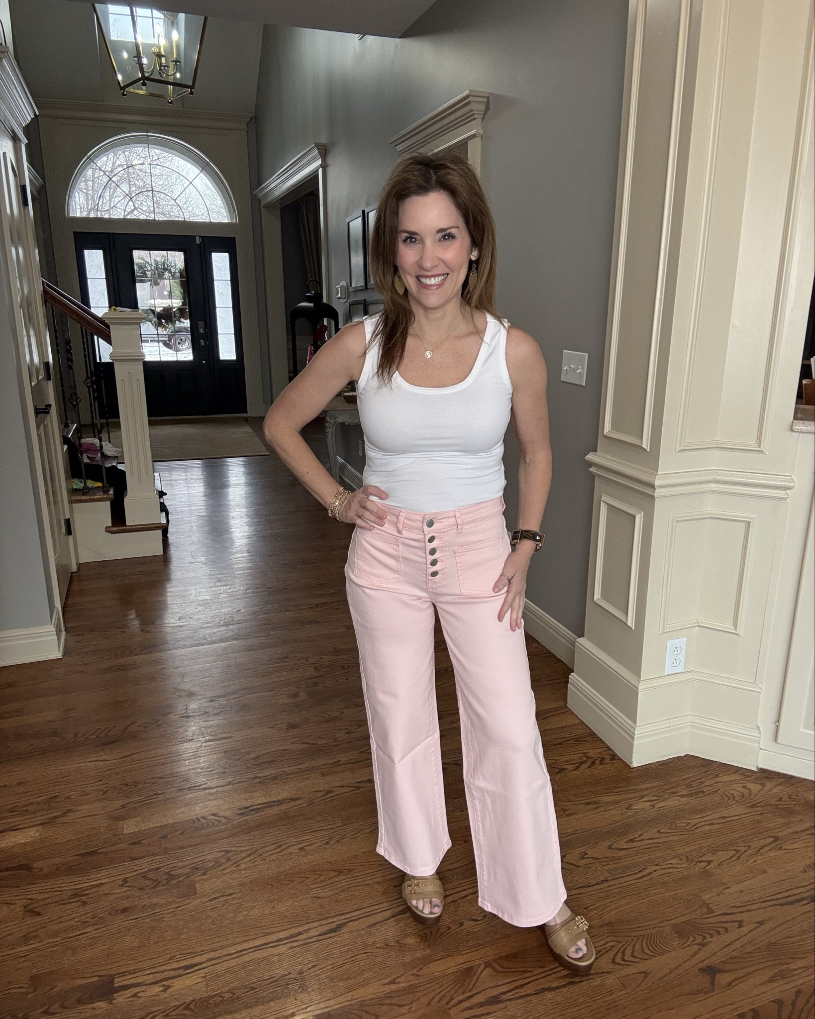Super cute wide leg pink jeans. Hello Spring!  

Wearing a Size 25 and
Small top 

@pinklily

#LTKStyleTip #LTKPetite #LTKFindsUnder50