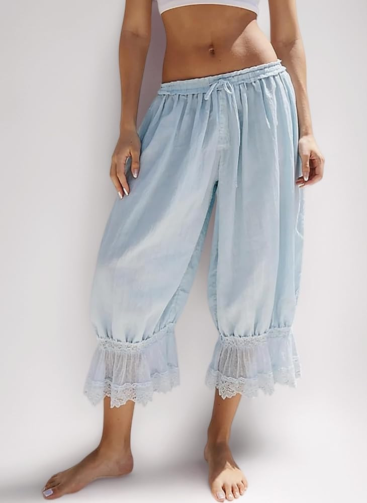 Women Ruffle Long Bloomers Y2k Lace Trim Pettipants Pantaloons Mid Rise Cropped Pants Under Dress... | Amazon (UK)
